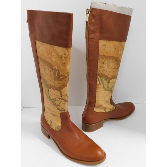 New Alviero Martini‎ 1st Classe Brown Leather Map Tall Boots Italy 39 - Picture 1 of 5